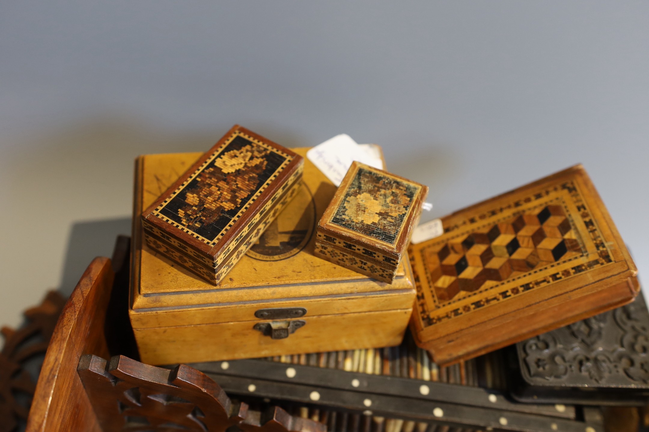 A Tunbridge ware stamp box, a similar needle box, a Victorian daguerrotype, a Sorrento box and sundries (11)